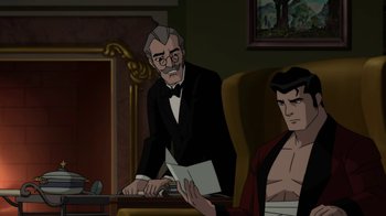 Movie still from “Batman: Gotham by Gaslight” (2018), directed by Sam Liu – A man in a suit sitting in front of another man in a red jacket; Medium shot, Over the shoulder angle