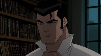 Movie still from “Batman: Gotham by Gaslight” (2018), directed by Sam Liu – A man in a white dress shirt and black tie; Close Up shot, High angle