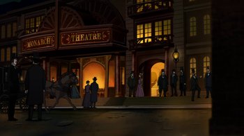Movie still from “Batman: Gotham by Gaslight” (2018), directed by Sam Liu – A group of people standing in front of a theatre; Extreme Wide shot, High angle