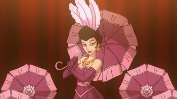 Movie still from “Batman: Gotham by Gaslight” (2018), directed by Sam Liu – An illustration of a woman holding an open umbrella; Medium shot, Low angle