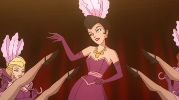 Movie still from “Batman: Gotham by Gaslight” (2018), directed by Sam Liu – A woman in a pink dress and a feather headpiece; Medium shot, Over the shoulder angle