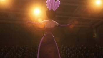 Movie still from “Batman: Gotham by Gaslight” (2018), directed by Sam Liu – A woman in a purple dress is standing in front of a crowd; Medium shot, Low angle
