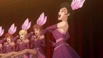 Movie still from “Batman: Gotham by Gaslight” (2018), directed by Sam Liu – A group of women dressed up in purple dresses; Medium shot, Low angle