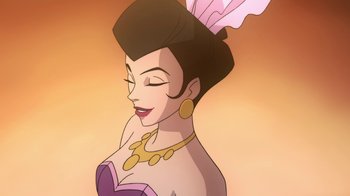 Movie still from “Batman: Gotham by Gaslight” (2018), directed by Sam Liu – An animated picture of a woman in a purple dress; Close Up shot, Low angle
