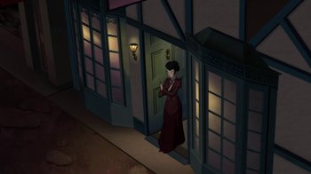 Movie still from “Batman: Gotham by Gaslight” (2018), directed by Sam Liu – An animated woman standing in front of a door way; Wide shot, High angle
