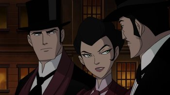 Movie still from “Batman: Gotham by Gaslight” (2018), directed by Sam Liu – A group of people standing next to each other in front of a building; Close Up shot, Over the shoulder angle