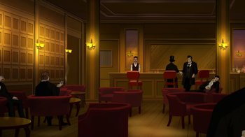Movie still from “Batman: Gotham by Gaslight” (2018), directed by Sam Liu – An illustration of a bar with a man sitting at the bar counter; Wide shot, High angle