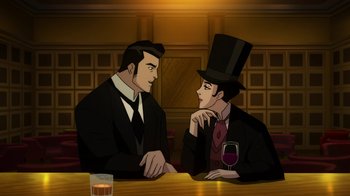 Movie still from “Batman: Gotham by Gaslight” (2018), directed by Sam Liu – A man and a woman sitting at a table with a glass of wine in front of them; Medium shot, Over the shoulder angle