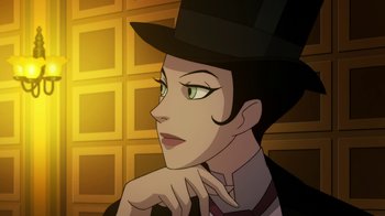 Movie still from “Batman: Gotham by Gaslight” (2018), directed by Sam Liu – A woman wearing a top hat and a tie; Close Up shot, Over the shoulder angle