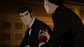 Movie still from “Batman: Gotham by Gaslight” (2018), directed by Sam Liu – A man and a woman holding a glass of wine; Medium shot, Over the shoulder angle