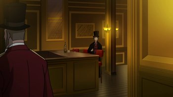 Movie still from “Batman: Gotham by Gaslight” (2018), directed by Sam Liu – A man sitting at a table in front of a bottle of alcohol; Wide shot, Over the shoulder angle