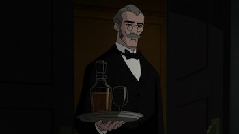 Movie still from “Batman: Gotham by Gaslight” (2018), directed by Sam Liu – An old man holding a tray with a bottle and a glass on it; Medium shot, Over the shoulder angle