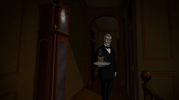 Movie still from “Batman: Gotham by Gaslight” (2018), directed by Sam Liu – An old man in a suit holding a tray of food in a dark room; Wide shot, Low angle