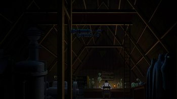 Movie still from “Batman: Gotham by Gaslight” (2018), directed by Sam Liu – A man is sitting in a room in the dark; Extreme Wide shot, High angle