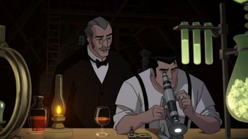 Movie still from “Batman: Gotham by Gaslight” (2018), directed by Sam Liu – Two men sitting at a table with a glass of wine; Medium shot, Over the shoulder angle