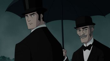 Movie still from “Batman: Gotham by Gaslight” (2018), directed by Sam Liu – Two men in suits and top hats holding an umbrella; Close Up shot, Over the shoulder angle