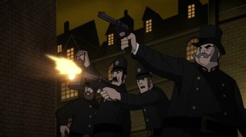 Movie still from “Batman: Gotham by Gaslight” (2018), directed by Sam Liu – A group of men in uniform are holding guns; Medium shot, High angle