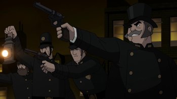 Movie still from “Batman: Gotham by Gaslight” (2018), directed by Sam Liu – A group of men standing next to each other holding guns; Medium shot, Low angle