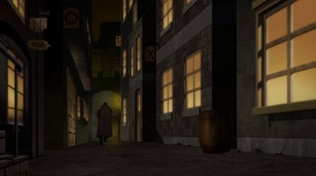 Movie still from “Batman: Gotham by Gaslight” (2018), directed by Sam Liu – A man walking down a street at night; Extreme Wide shot, High angle
