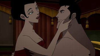 Movie still from “Batman: Gotham by Gaslight” (2018), directed by Sam Liu – A man and a woman are looking at one another; Close Up shot, Low angle