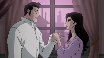 Movie still from “Batman: Gotham by Gaslight” (2018), directed by Sam Liu – A man and a woman holding hands in front of a window; Medium shot, Over the shoulder angle