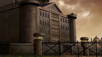 Movie still from “Batman: Gotham by Gaslight” (2018), directed by Sam Liu – A large building with a fence around it; Extreme Wide shot, Low angle