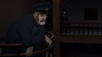 Movie still from “Batman: Gotham by Gaslight” (2018), directed by Sam Liu – An animated picture of a man in a police uniform; Medium shot, Low angle