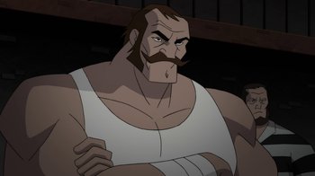 Movie still from “Batman: Gotham by Gaslight” (2018), directed by Sam Liu – An animated picture of a man with a beard and mustache; Close Up shot, Low angle