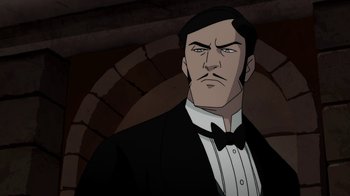Movie still from “Batman: Gotham by Gaslight” (2018), directed by Sam Liu – A man wearing a tuxedo and a bow tie; Close Up shot, Over the shoulder angle