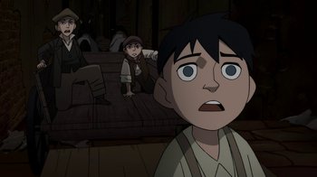 Movie still from “Batman: Gotham by Gaslight” (2018), directed by Sam Liu – A group of people standing on top of a wooden floor; Medium shot, High angle