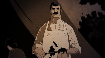Movie still from “Batman: Gotham by Gaslight” (2018), directed by Sam Liu – An illustration of a man holding a spatula; Medium shot, Low angle