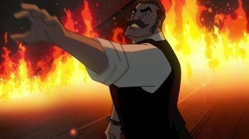 Movie still from “Batman: Gotham by Gaslight” (2018), directed by Sam Liu – An animated man in a black shirt and white shirt is in front of fire; Medium shot, Over the shoulder angle