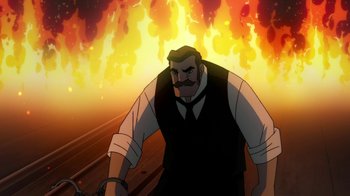 Movie still from “Batman: Gotham by Gaslight” (2018), directed by Sam Liu – An animated man with a beard and a mustache in front of fire; Medium shot, Low angle