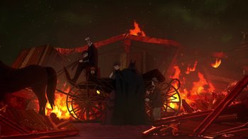 Movie still from “Batman: Gotham by Gaslight” (2018), directed by Sam Liu – A man in a black cape standing in front of a burning carriage; Wide shot, Low angle