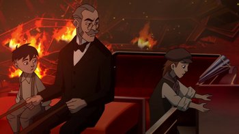 Movie still from “Batman: Gotham by Gaslight” (2018), directed by Sam Liu – Two cartoon characters sitting on a bench in front of a fire background; Medium shot, Over the shoulder angle