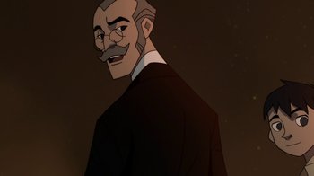 Movie still from “Batman: Gotham by Gaslight” (2018), directed by Sam Liu – An animated picture of a man with a mustache; Close Up shot, Over the shoulder angle