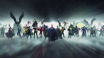 Movie still from “Batman: Hush” (2019), directed by Justin Copeland – A group of people standing next to each other in the dark; Extreme Wide shot, Low angle