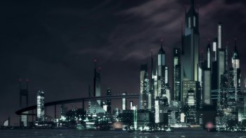 Movie still from “Batman: Hush” (2019), directed by Justin Copeland – A night time view of a city skyline; Extreme Wide shot, Low angle