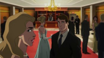 Movie still from “Batman: Hush” (2019), directed by Justin Copeland – Two people standing in front of each other in front of a library; Medium shot, Over the shoulder angle