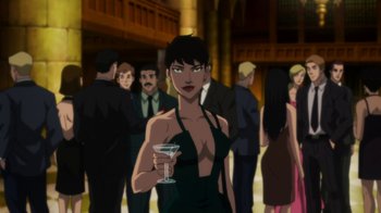 Movie still from “Batman: Hush” (2019), directed by Justin Copeland – A woman holding a glass in her hand; Medium shot, Over the shoulder angle