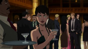 Movie still from “Batman: Hush” (2019), directed by Justin Copeland – A woman holding a glass of wine; Medium shot, Over the shoulder angle