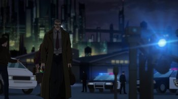 Movie still from “Batman: Hush” (2019), directed by Justin Copeland – An animated scene of a man in a trench coat; Wide shot, Low angle