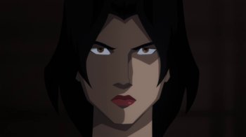 Movie still from “Batman: Hush” (2019), directed by Justin Copeland – An illustration of a woman with dark hair and red lipstick; Close Up shot, Low angle
