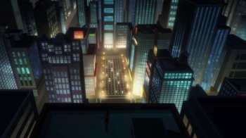 Movie still from “Batman: Hush” (2019), directed by Justin Copeland – An aerial view of a large city at night time; Extreme Wide shot, High angle