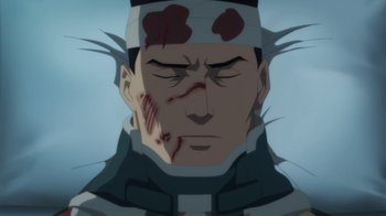 Movie still from “Batman: Hush” (2019), directed by Justin Copeland – A person with a bandage on his head; Close Up shot, High angle