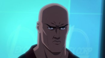 Movie still from “Batman: Hush” (2019), directed by Justin Copeland – An animated picture of a man with a bald head; Close Up shot, Low angle