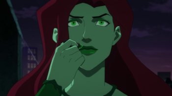 Movie still from “Batman: Hush” (2019), directed by Justin Copeland – A person with long red hair; Close Up shot, Over the shoulder angle