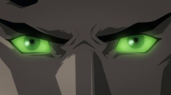 Movie still from “Batman: Hush” (2019), directed by Justin Copeland – View of the eyes of an anime character; Extreme Close Up shot, Low angle