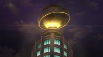 Movie still from “Batman: Hush” (2019), directed by Justin Copeland – A building with a lit globe on the top of it; Extreme Wide shot, Low angle