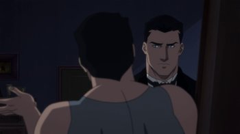 Movie still from “Batman: Hush” (2019), directed by Justin Copeland – A man looking at himself in the mirror in front of another man; Medium shot, Over the shoulder angle